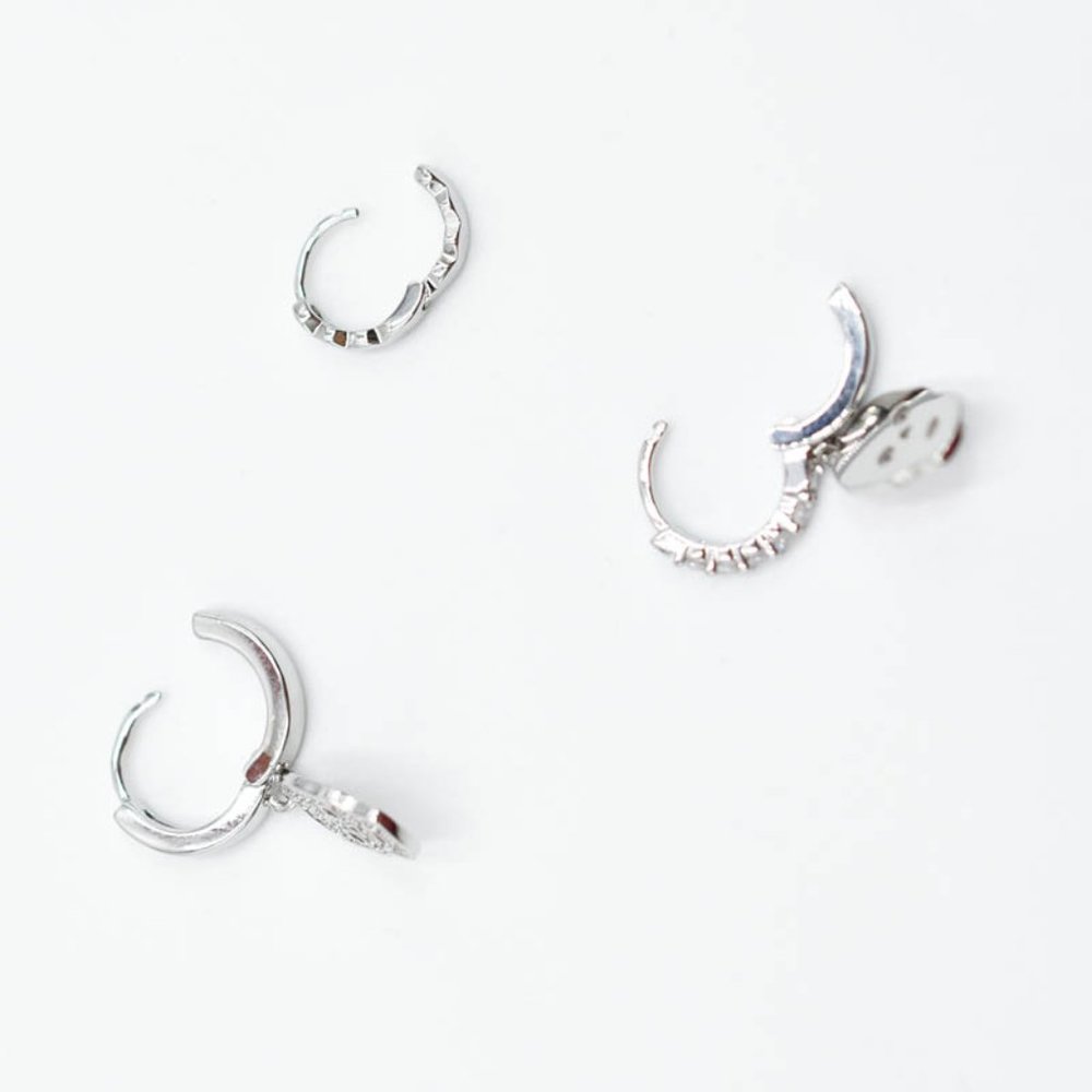 Rhodium Plated Diamond Skull Earring Set of 3 Hoops - Picture 4 of 5